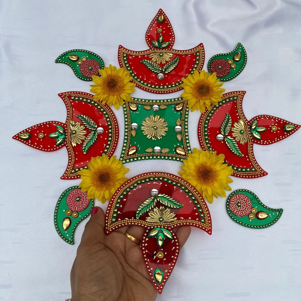 Acrylic Rangoli Set Indian Traditional Handmade Reusable Rangoli Diwali Navratri Home Temple Decor Floor Table Decoration - Deepawali Wedding Housewarming Gift Pack of 1 (12 Inches)